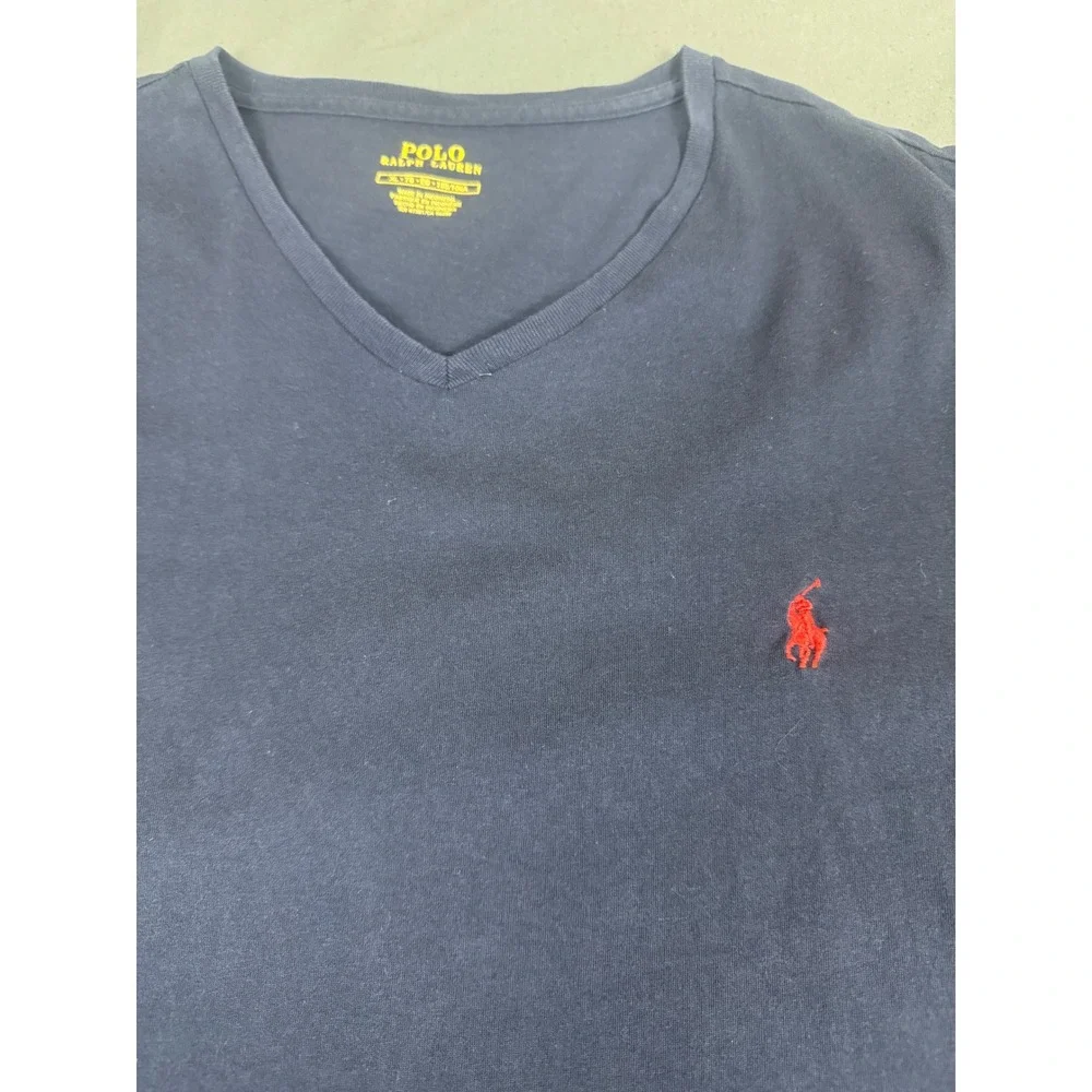 Polo Ralph Lauren Mens V-Neck T-Shirt Navy Blue Red Pony Logo XL Cotton Tee